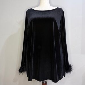 Onyx Nite Plus Size Black Velvet Tunic Top with Feather Cuffs – 2X